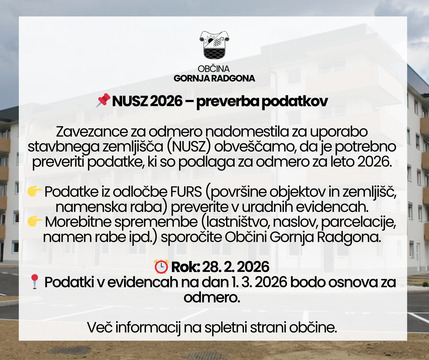 Obvestilo zavezancem za odmero nadomestila za uporabo stavbnega zemljišča za leto 2026