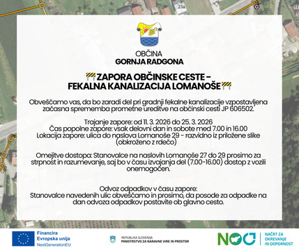 Zapora občinske ceste - fekalna kanalizacija Lomanoše