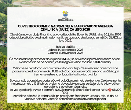 Obvestilo o odmeri nadomestila za uporabo stavbnega zemljišča (NUSZ) za leto 2026