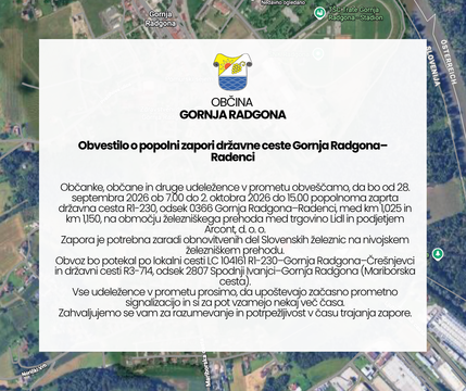 Obvestilo o popolni zapori državne ceste Gornja Radgona–Radenci