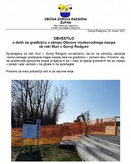 Obvestilo - gradbišče ob reki Muri - sanacija visokovodnega nasipa-mar-2021
